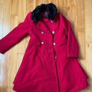 Rothschild girls Red Double-Breasted Coat with Black Faux Fur Collar